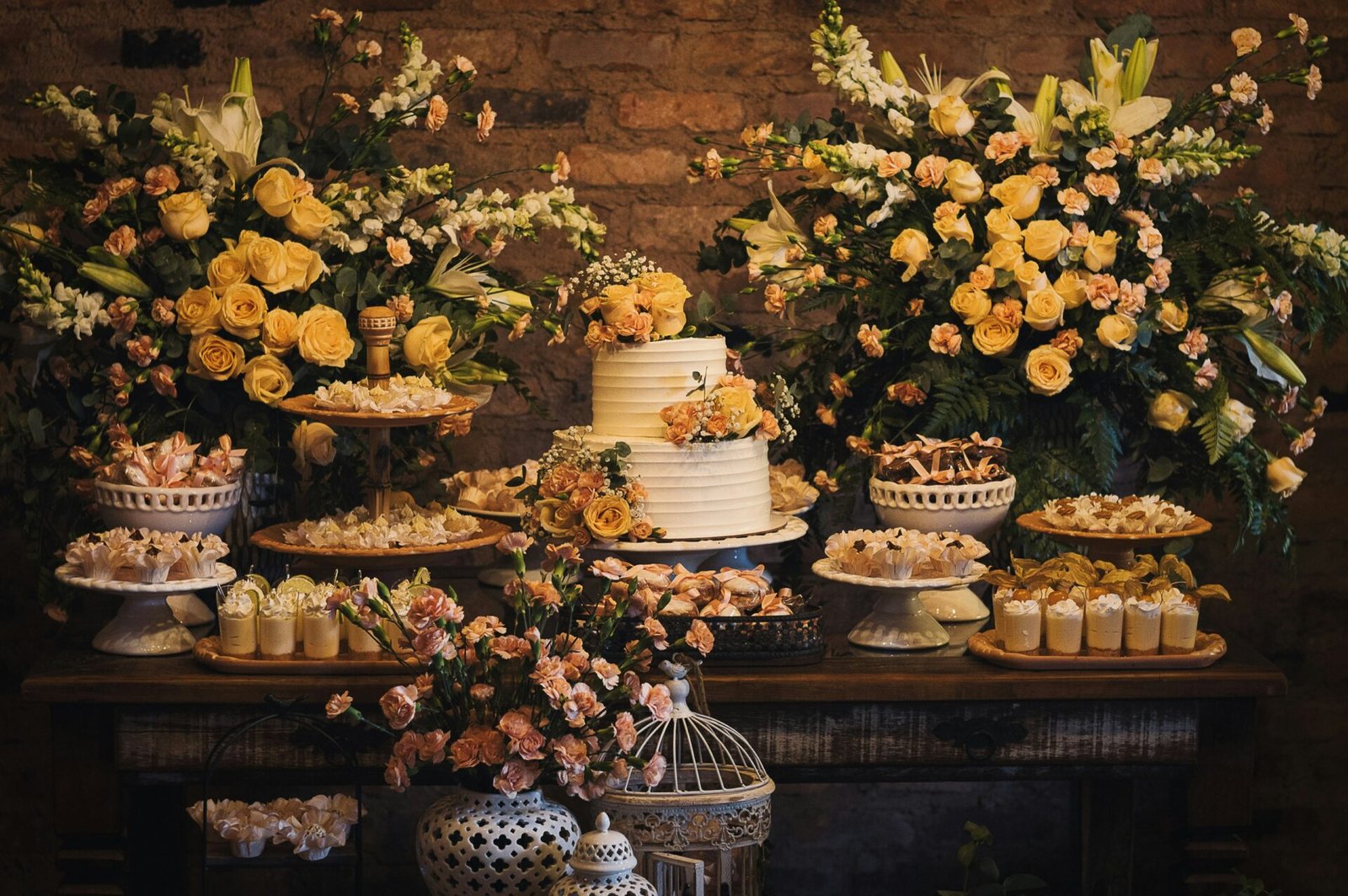 A table topped with lots of cakes and flowers